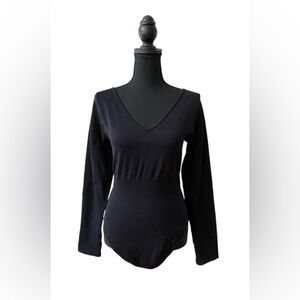 OQQ: Black V-Neck Women's Body Suit